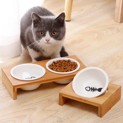 Pet Double & Single Ceramic Bowl with Bamboo Stand - Non-Slip Cat & Dog Food Bowl Pet feeder Paws pet-cat-and-dog-double-bowl-single-bowl-ceramic-bowl-bamboo-table-into-cat-non-slip-double-bowl-dog-cat-food-bowl