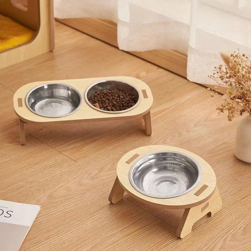 Cat Double Bowl with Wooden Stand  My Store cat-double-bowl-becoming-cat-and-child-bowl-anti-overturning-cat-food-bowl-stainless-steel-pet-bowl-wooden-stand-small-and-mediu